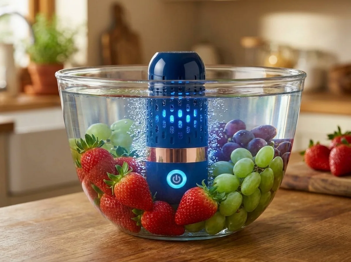 PurePod device running in a bowl of water with produce